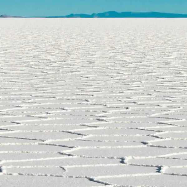 A vast salt flat with a cracked white salt crust stretching to distant hills under a blue sky