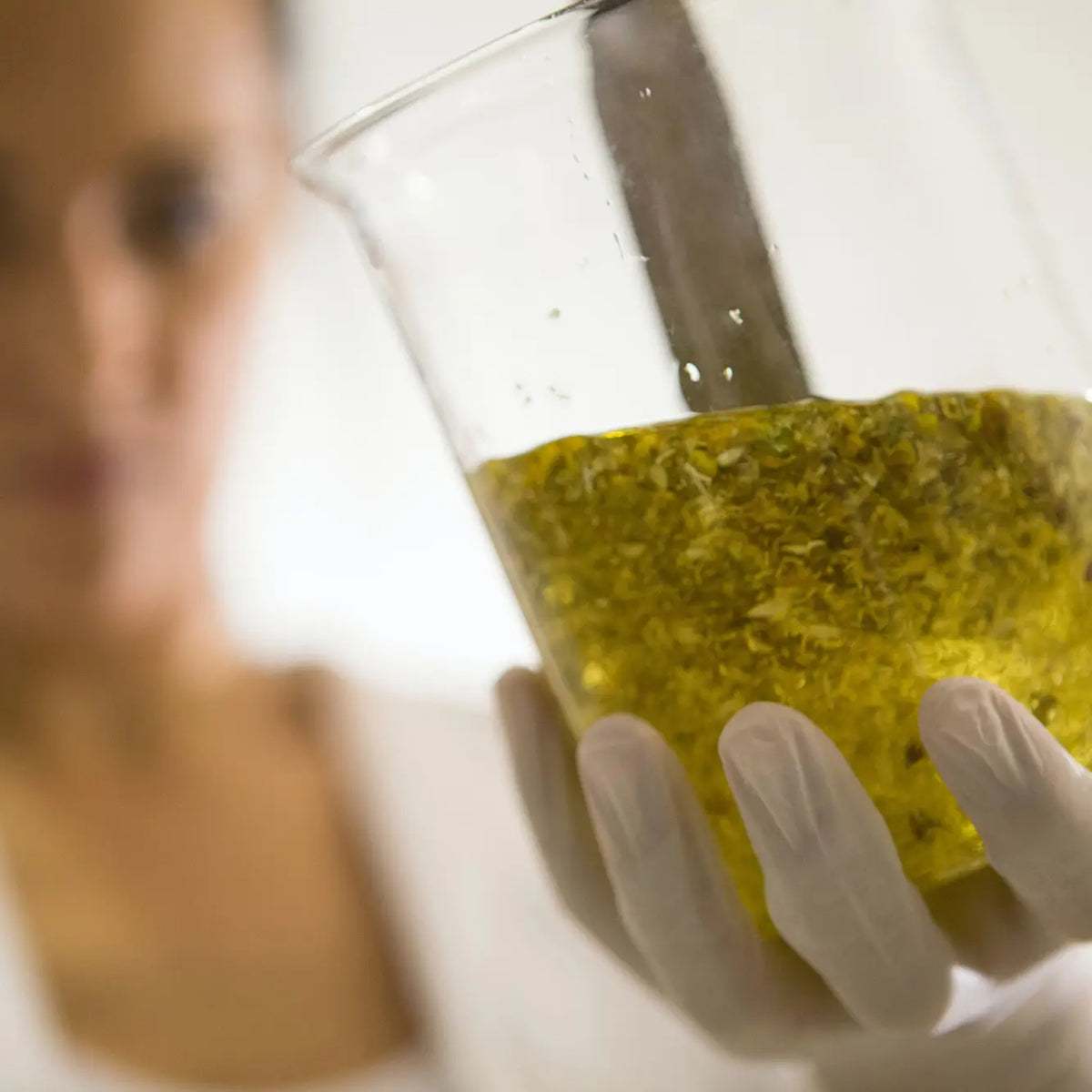 A gloved hand holding a glass beaker filled with green herbal extract